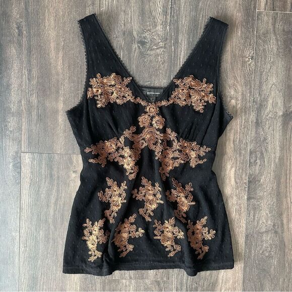 INC International Concepts Tops - Vtg INC Sleeveless Mesh Overlay Tank Top Shirt Medium Petite Black Brown VNeck